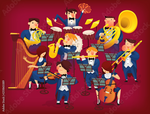Men and women in classic theater outfit playing in classic symphonic orchestra on all kinds of instruments. Vector illustration for posters, cards and invitations.