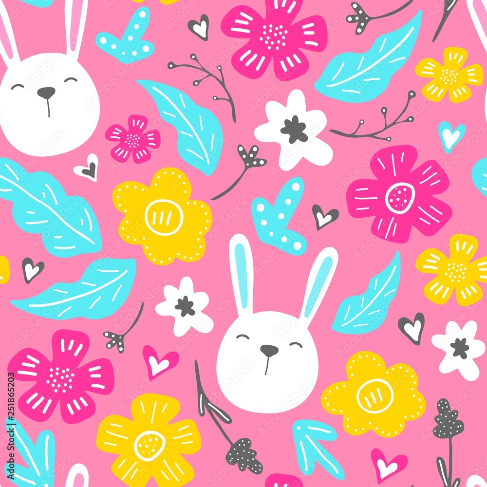 Spring flowers. Vector seamless pattern with flowers, leaves and rabbits. Fresh pattern for home decor. Seamless pattern can be used for pattern fills, web page background, surface textures. Spring flowers. Vector seamless pattern with flowers, leaves and rabbits. Fresh pattern for home decor. Seamless pattern can be used for pattern fills, web page background, surface textures.