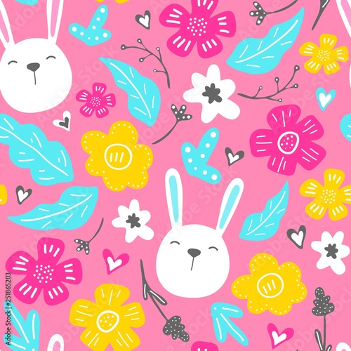 Spring flowers. Vector seamless pattern with flowers, leaves and rabbits. Fresh pattern for home decor. Seamless pattern can be used for pattern fills, web page background, surface textures.