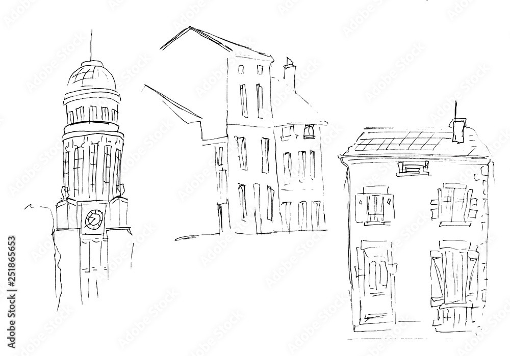 Ink sketch of buildings. Hand drawn illustration of Houses in the European Old town. Travel artwork. Set of three different houses. Black line drawing isolated on white background.