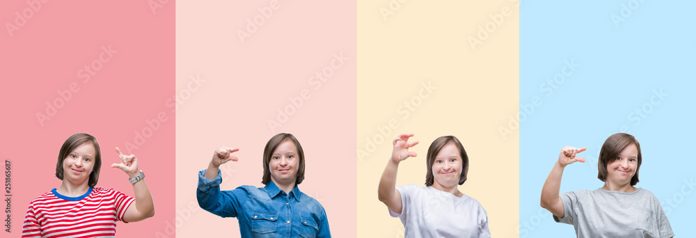 Obraz premium Collage of down syndrome woman over colorful stripes isolated background smiling and confident gesturing with hand doing size sign with fingers while looking and the camera. Measure concept.