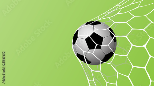 Realistic football in net on green background with copy space for text  vector illustration