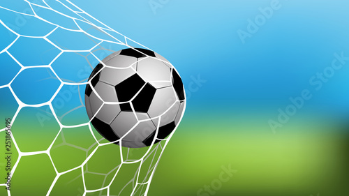 Realistic football in net with copy space for text, vector illustration