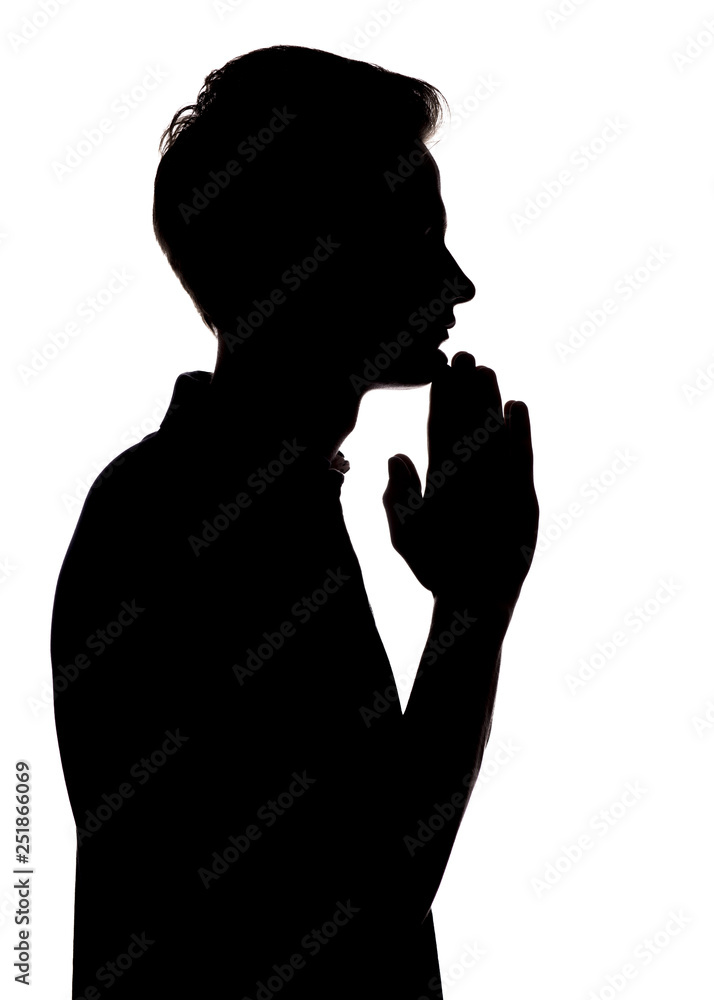 black and white silhouette portrait of an unrecognizable man with his hand on his chin thinking, guy face profile on a white isolated background,concept teenager problem and emotional stress black and white silhouette portrait of an unrecognizable man with his hand on his chin thinking, guy face profile on a white isolated background,concept teenager problem and emotional stress