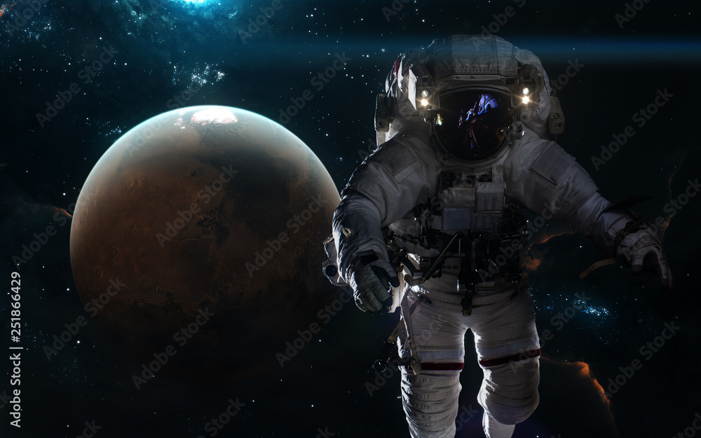 Naklejka premium Planet Mars and astronaut. Solar system, nebulae, star clusters. Science fiction art. Elements of the image were furnished by NASA