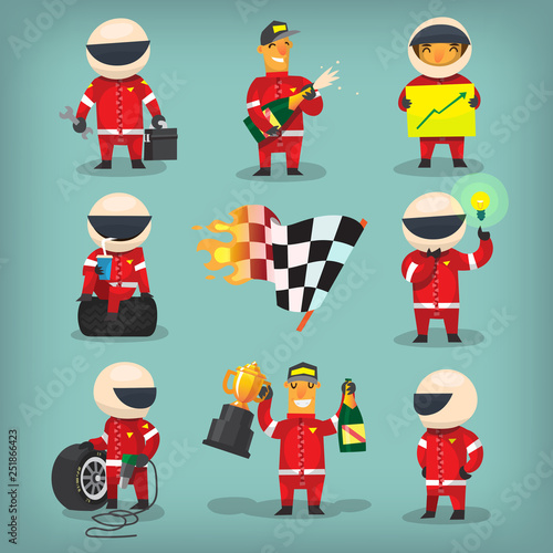 Set of colorful racing participants, champions, engineers and pit stop workers. Isolated vector characters.