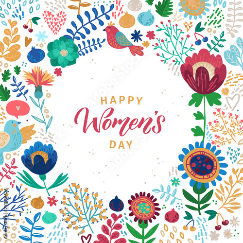 Happy Womans Day Calligraphy Design on Square Floral Background. Vector illustration. Womans Day Greeting Calligraphy Design in Bright Colors. Template for a poster, cards, banner Vector illustration