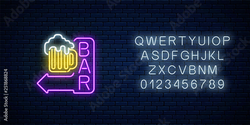 Glowing neon beer bar signboard with arrow and alphabet. Luminous advertising sign of nightclub with bar.