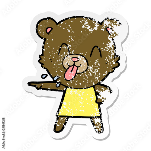 distressed sticker of a rude cartoon bear pointing