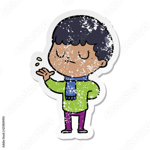 distressed sticker of a cartoon grumpy boy