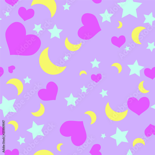 Seamless Repeating Vector Pattern Hearts Stars and Moons on Lavender Background