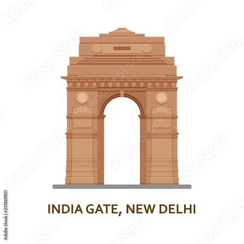 India Gate, New Delhi. Indian most famous sight. Architectural building. Famous tourist attractions. Vector illustration.