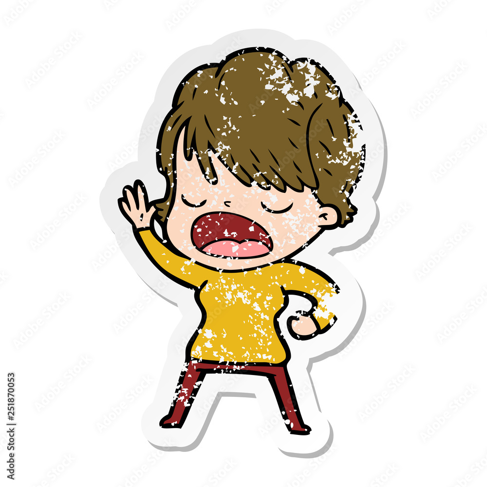distressed sticker of a cartoon woman talking distressed sticker of a cartoon woman talking