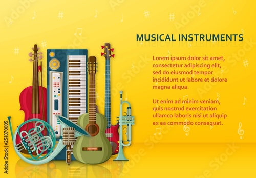 Musical background made of different musical instruments, treble clef and notes. Text place.