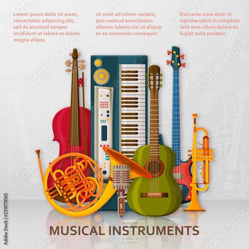 Musical background made of different musical instruments, treble clef and notes. Text place.
