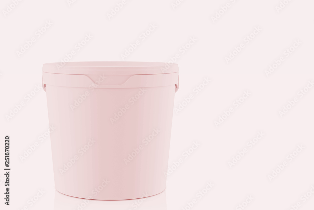 Coral plastic set bucket with White lid. Product Packaging For food, foodstuff or paints, primers, putty. MockUp Template For Your Design. Copy space Coral plastic set bucket with White lid. Product Packaging For food, foodstuff or paints, primers, putty. MockUp Template For Your Design. Copy space