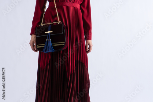 Young woman in red evening luxury pleated dress and luxury expensive bag. Posing on white background. Closeup with copy space.
