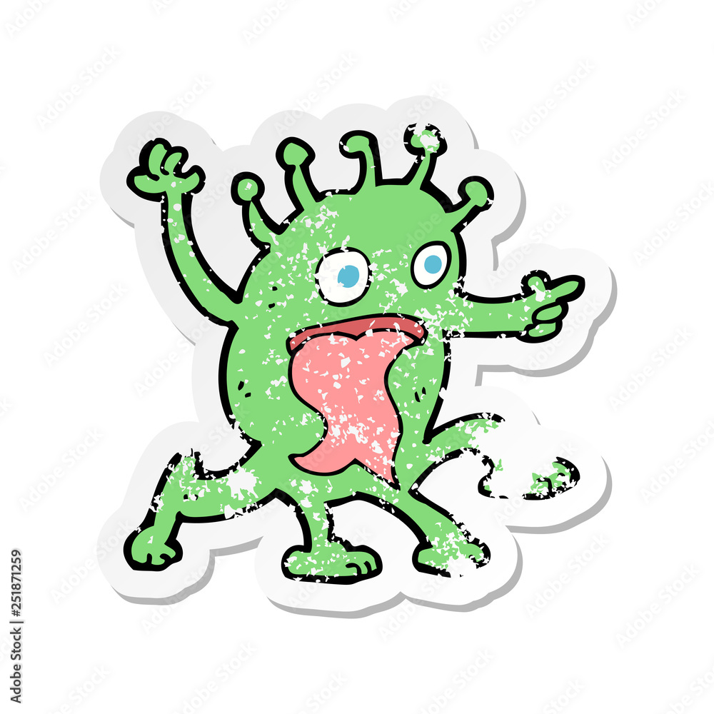 retro distressed sticker of a cartoon weird little alien retro distressed sticker of a cartoon weird little alien