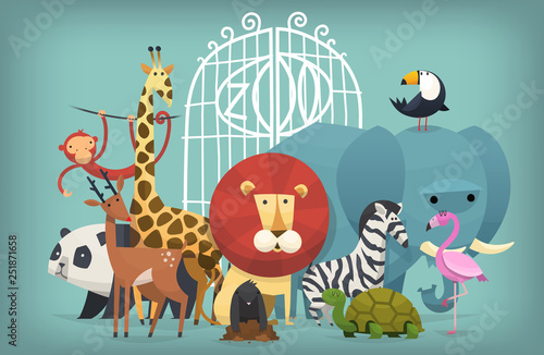 Vector illustration card with animals standing near gates inviting to visit a Zoo. Colorful poster