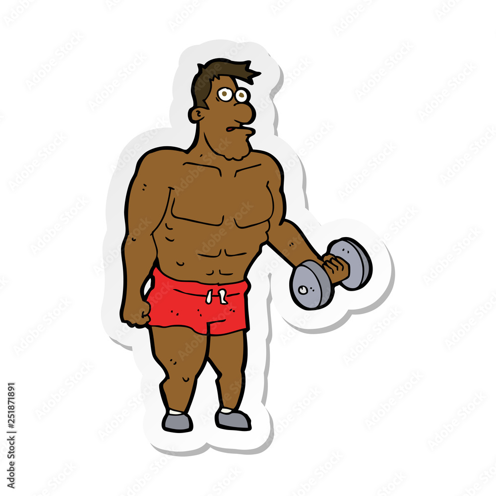 sticker of a cartoon man lifting weights