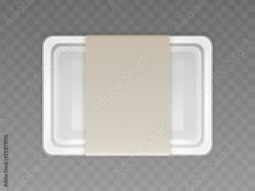 Vector 3d realistic plastic container for food, products with paper cover. Empty styrofoam box isolated on transparent background. Disposable packaging, kitchen or store object.