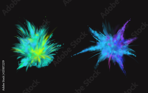 Vector 3d realistic paint powder explosion on black background. Symbol of Holi festival, the holiday of Hindu spring in India. Dust explode in blue, green colors. Pyrotechnics effect, design element