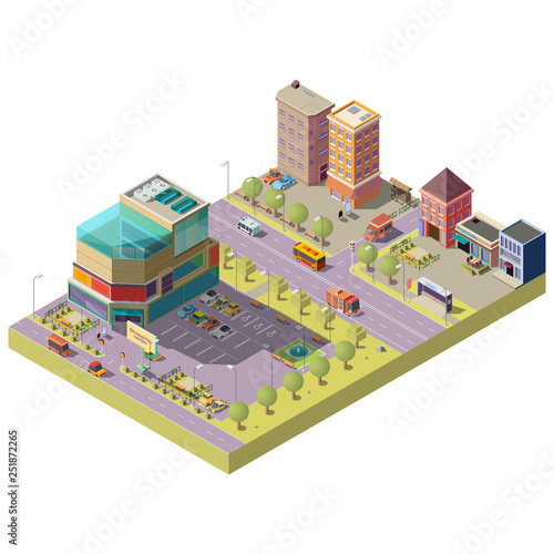 Vector 3d isometric city center - a shopping mall, supermarket with parking area and living multistorey modern buildings. Road with traffic, cars, bus stop. Architecture, cityscape concept.