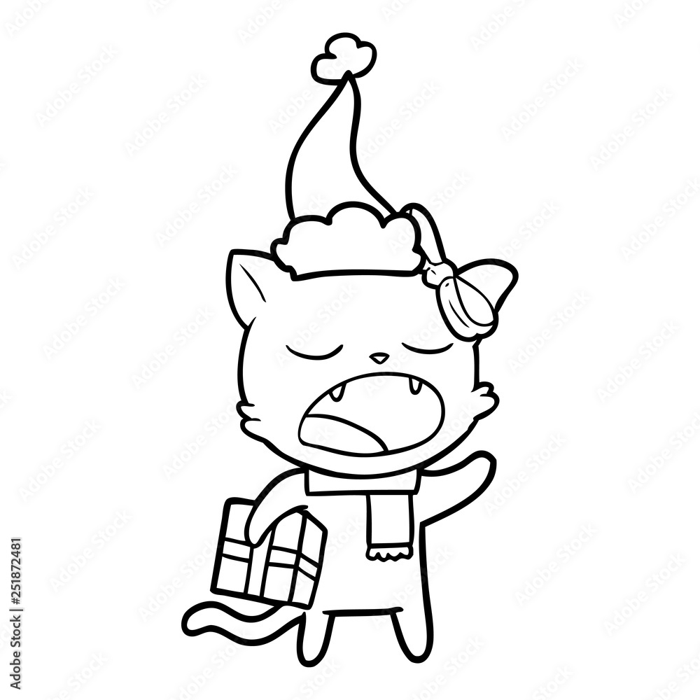 line drawing of a cat with christmas present wearing santa hat line drawing of a cat with christmas present wearing santa hat