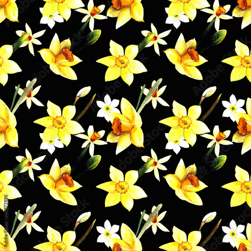 Seamless pattern with narcissus and leaves watercolor illustration on black background