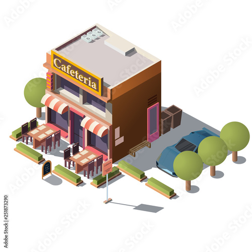 Vector 3d isometric cafeteria - open restaurant with veranda and tables, chairs on it. Cafe, coffee shop with parking and green trees isolated on white background. Street food, urban building.