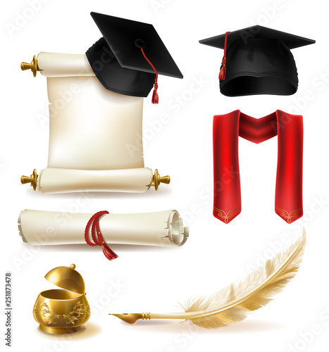High education graduation symbols realistic vector set with mortarboard cap and scarf, diploma or certificate blank parchment, quill pen and golden inkwell illustration isolated on white background