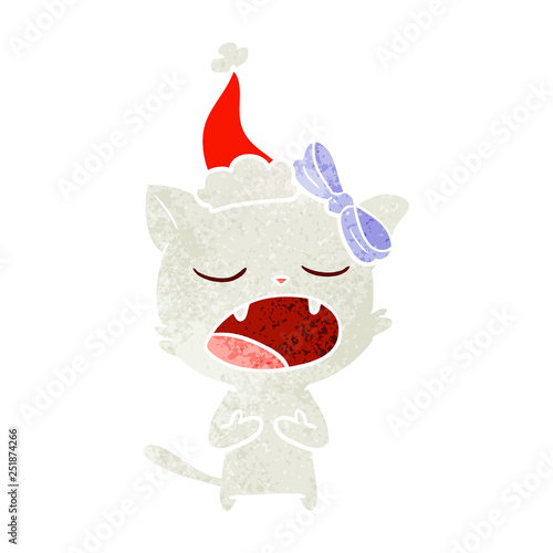 retro cartoon of a cat meowing wearing santa hat