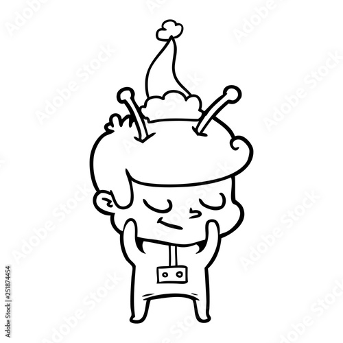 shy line drawing of a spaceman wearing santa hat