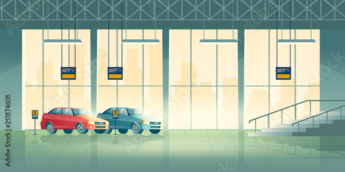 Modern sedan new models standing, waiting for buyers in exhibition hall, dealer center or salon cartoon vector background. Car shop interior illustration. Automobile industry advertising background