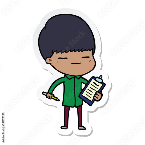 sticker of a cartoon smug boy with clip board