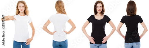 T-shirt set. Front and back view Brunette and Blonde in white and black t shirt isolated. Two girl in blank shirt, Mock up, Collage, Copy space, Template