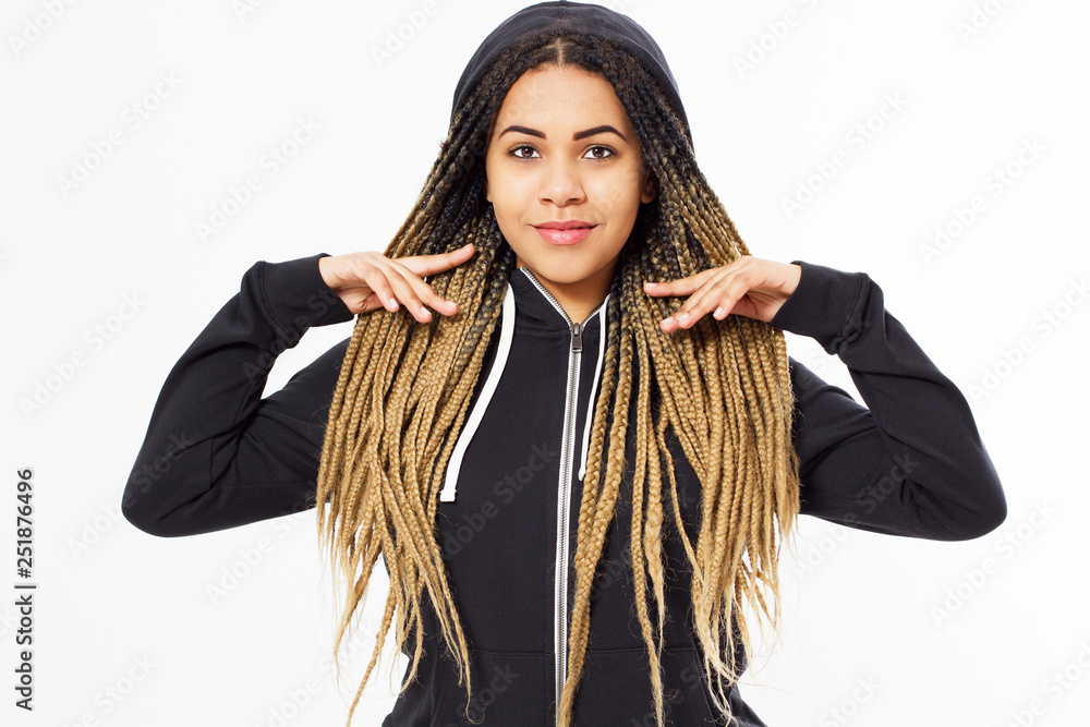 portrait of young afro american teenager girl wearing black hoody portrait of young afro american teenager girl wearing black hoody