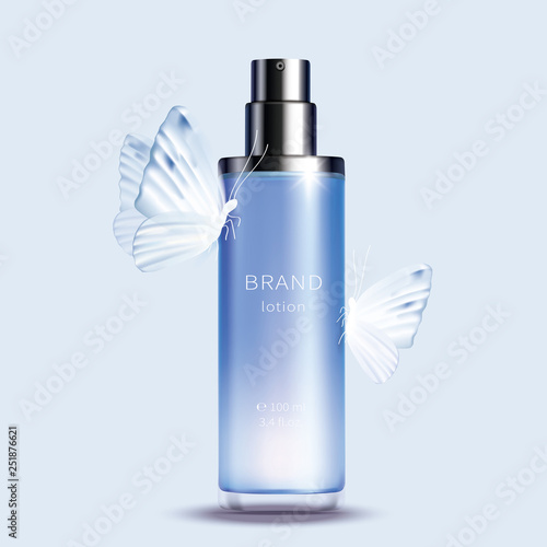Vector cosmetic realistic product. Blue glass spray bottle with glossy silver dispenser and white butterflies on it isolated on light background, premium cosmetics design