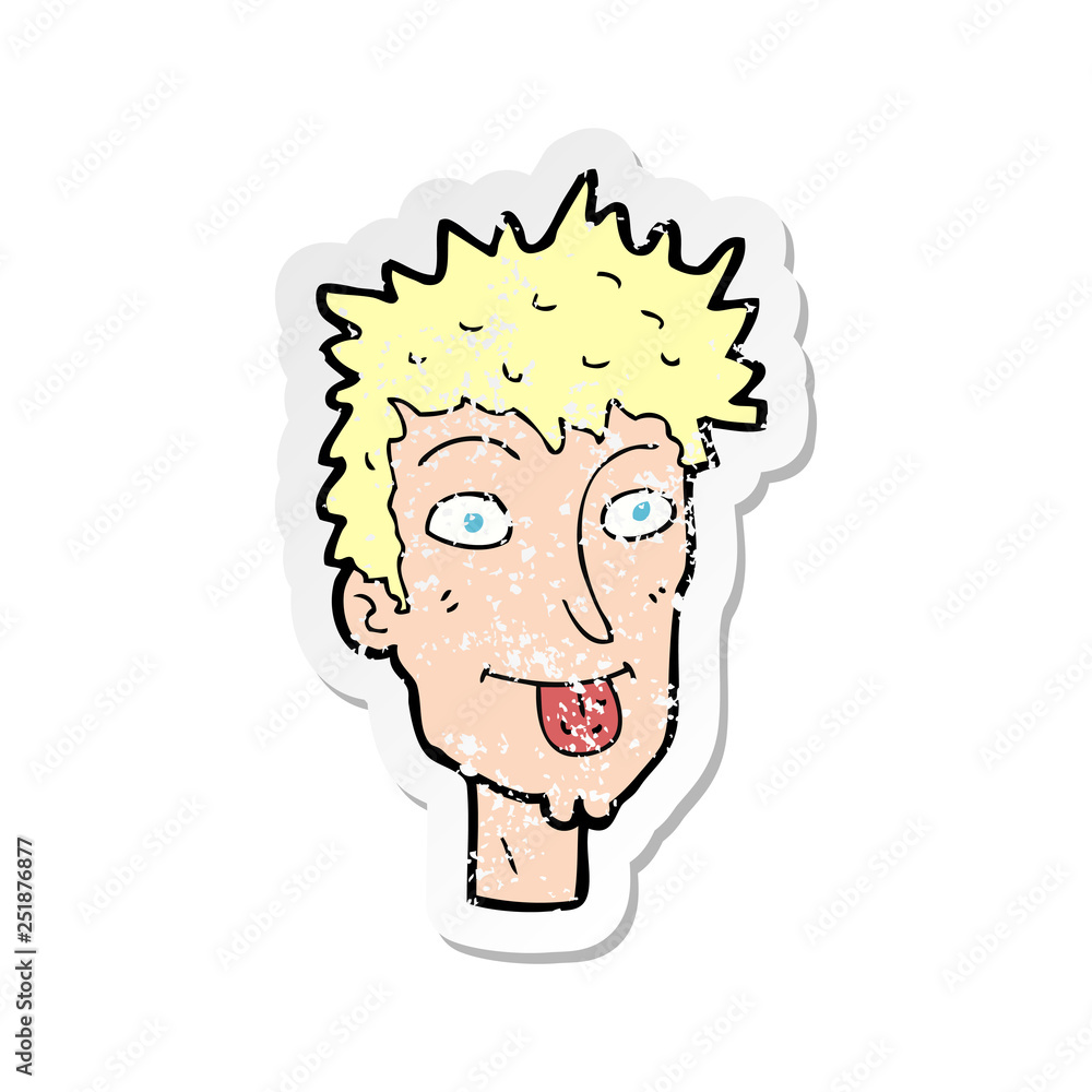 retro distressed sticker of a cartoon man sticking out tongue retro distressed sticker of a cartoon man sticking out tongue