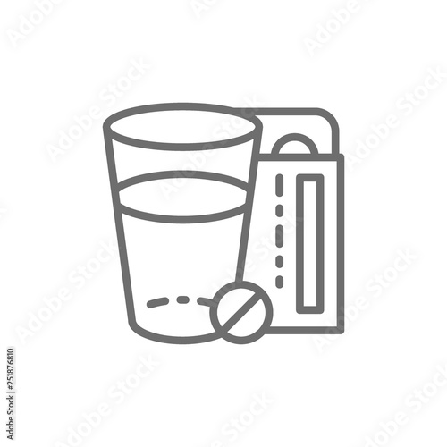Glass of water and pills, medicine line icon.