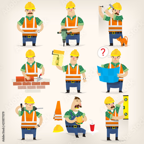 Colorful grown up men making different house remodeling and building works at construction site.