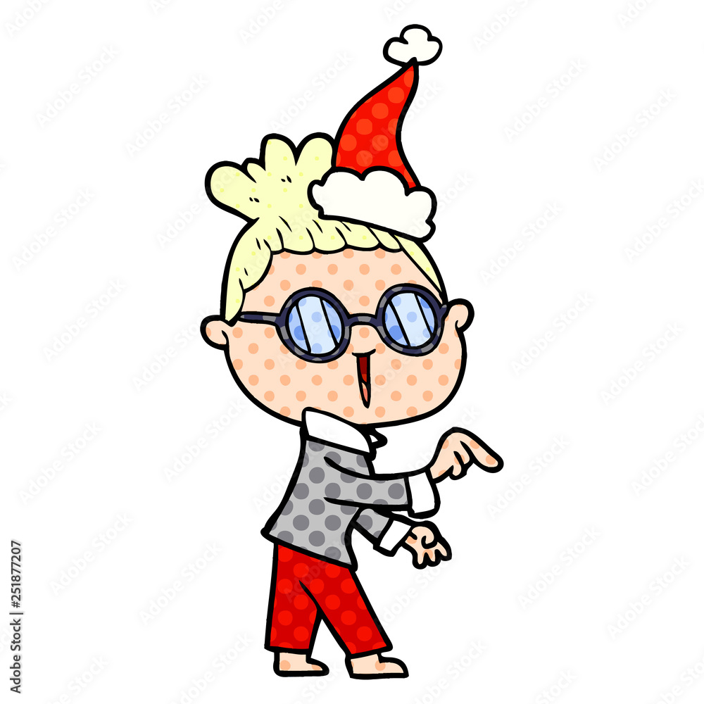 comic book style illustration of a woman wearing spectacles wearing santa hat