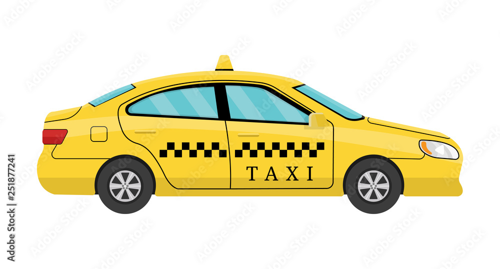 Car Taxi in Flat Style. View from Side. Taxi Yellow Car Cab isolated on white background. For Taxi Service App, Transport Company Ad, Infographics. Vector illustration for Your Design.