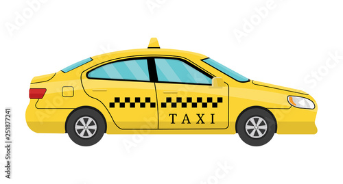 Car Taxi in Flat Style. View from Side. Taxi Yellow Car Cab isolated on white background. For Taxi Service App, Transport Company Ad, Infographics. Vector illustration for Your Design. © Alody