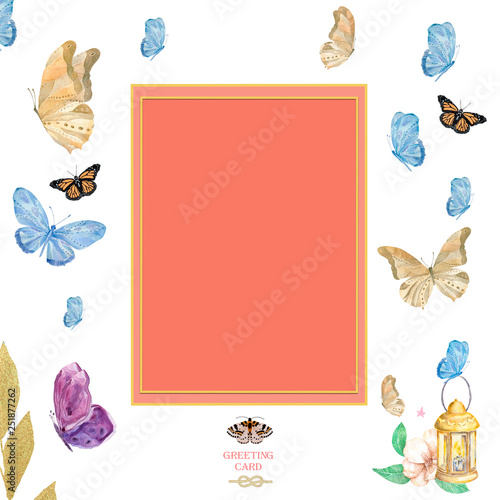 Congratulation, greeting, birthday, wedding design card Be happy with gold frame and coral frame. Cute watercolor butterflies on white background photo