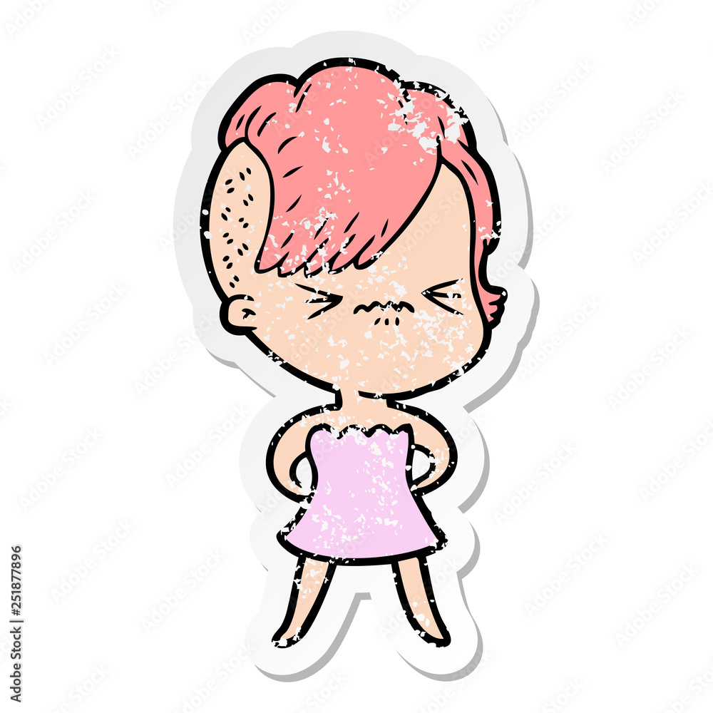 distressed sticker of a cartoon annoyed hipster girl