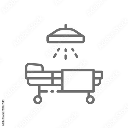 Operating table, resuscitation, medicine ward, hospital bed with medical equipments line icon.