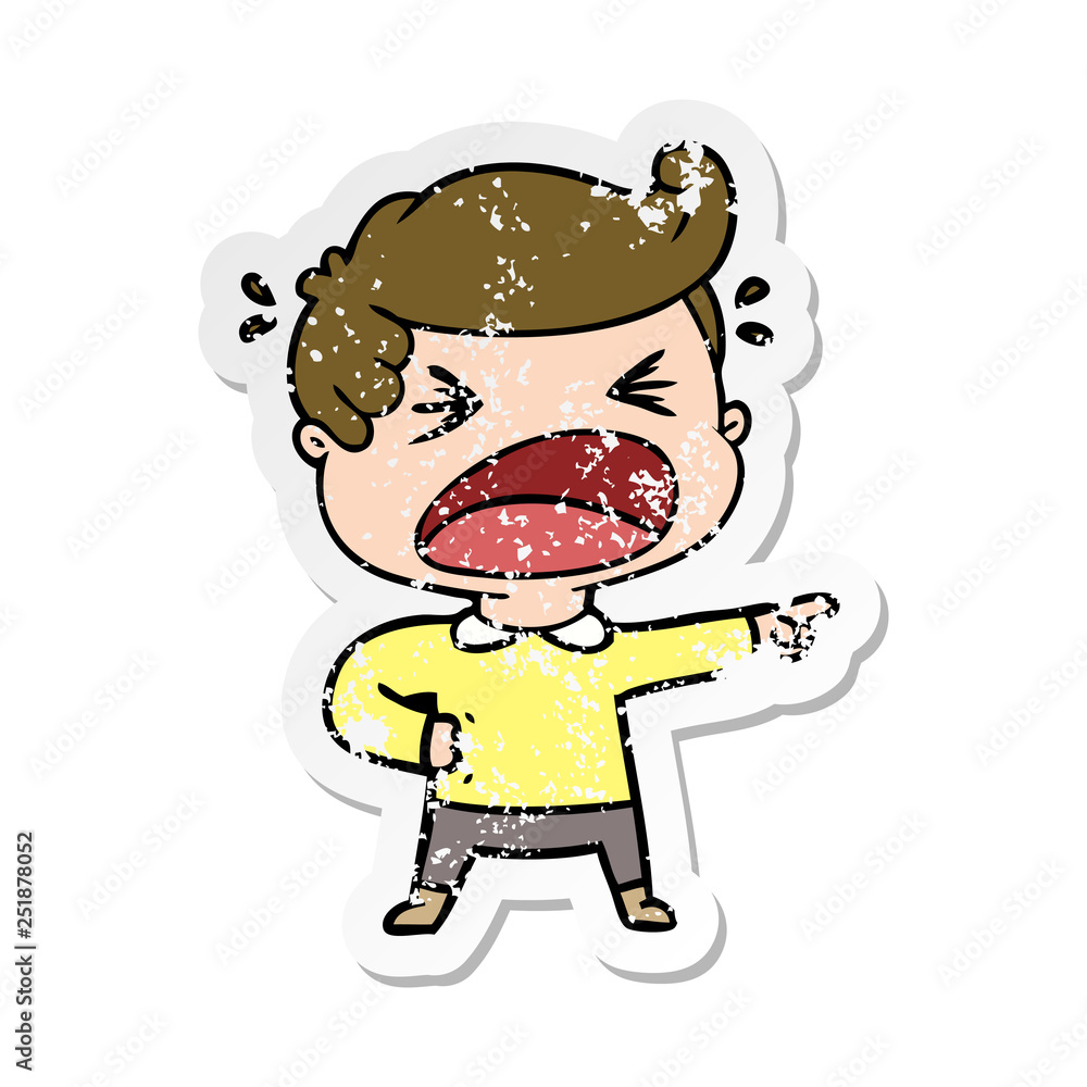 distressed sticker of a cartoon shouting man pointing finger
