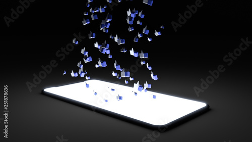 Cell phone with blue thumbs-up icons rising out of bright screen 3D illustration