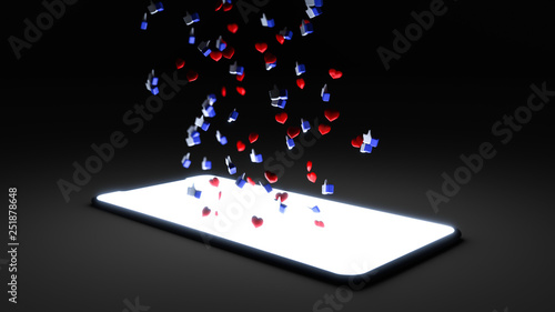 Cell phone with blue thumbs-up icons and red heart icons rising out of bright screen 3D illustrationCell phone with blue thumbs-up icons and red heart icons rising out of bright screen